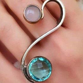 Resim OSESHOP Aquamarin Ve Pembe Kuvars Taşlı El.işi Tasarım Gümüş Yüzük 