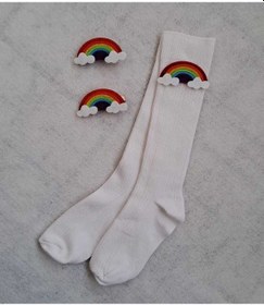 Resim Çocuk Gökkuşağı Figürlü Diz Altı Çorap Ve Kombin 2 Li Klips Toka Kombin 