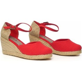Resim Dolgu Topuk Keten Ön Düz Arka Hasır Sandalet Kırmızı Kırmızı 1298 