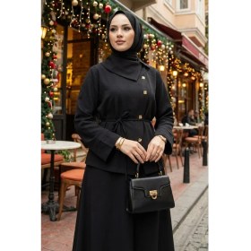 Resim Modestim Kadın Çapraz Düğme Tesettür Ikili Takım Kuşaklı Tunik Uzun Etek Takım Günlük ve Şık Kombin Siyah 