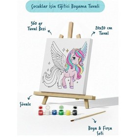 Resim Kanatlı Unicorn Temalı Çocuk Boyama Tuvali Şövaleli Eğitici Boyama Seti 20x20 Cm 