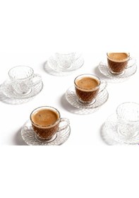 Resim 6 Lı Zarif Desenli Cam Kahve Fincanı & Tabak Seti Beyaz 