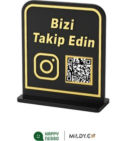 Resim Happynesso Gold Siyah Karekodlu "Bizi Takip Edin" Tabela 15x18 cm Pleksi - Instagram Ikonlu 