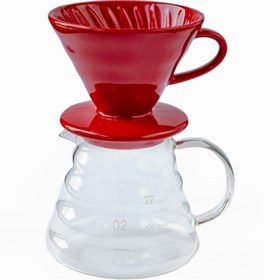 Resim VESTRON V60 Kahve Demleme Seti Red Seramik Demleme Aparatı ve Cam Coffee Karafı 600 ml 