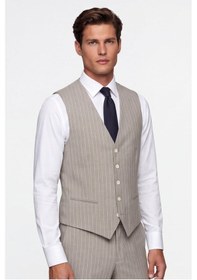 Resim Giotelli Erkek Açık Bej Dar Kesim Slim Fit Viskon Çizgili Mono Yaka 8 Drop Yelekli Takım Elbise 