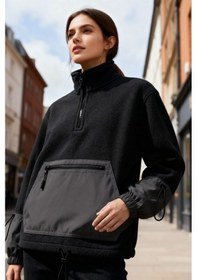 Resim Tommy Life Siyah Etek Ucu Büzgülü Yarım Fermuarlı Oversize Kadın Polar Sweatshirt - 97238 Siyah 