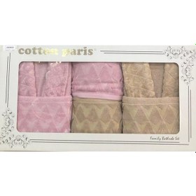 Resim Royam Cotton Paris Jakarlı Pamuklu 6 Parça Aile Bornoz Seti Bej 