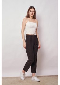 Resim JUMENT Keten Yüksek Bel Pileli Beli Lastikli Kemerli Boyfriend Pantolon-siyah 