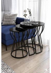 Resim Gelato Kum Saati 3'lü Zigon Sehpa Takımı Siyah Ayak - Siyah Cam Siyah 