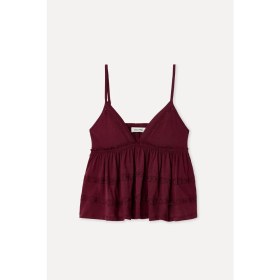 Resim Mudo Kadın Bordo Fırfırlı Loose Fit V Yaka Kolsuz Bluz 