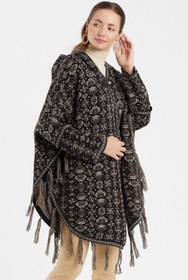 Resim Uludağ Triko Siyah Çiçek Desenli Kilim Panço 