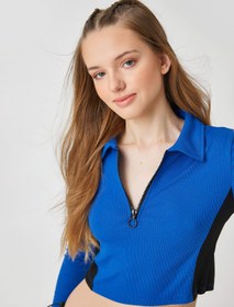 Resim Uzun Kollu Tişört Crop Polo Yaka Yarım Fermuarlı 