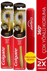 Resim Colgate 360 Charcoal Gold Çok Yönlü Koruma Yumuşak Diş Fırçası X 2 Adet + Diş Fırçası Kabı Hediye 