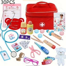 Resim 1 set Sahte Doktor Hemşire Oyuncak Tıbbi Set Çantası ile, Stetoskop, Serin, Ayı Oyuncakları ve Diğer Tıbbi Modelleri İçerir, 3+ Yaş Çocuklar İçin Hediye, Aile Oyun Doktor Rol Oyuncak Seti 