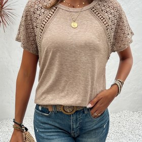 Resim Contrast Lace Crew Neck T-shirt, Bahar ve Yaz için Zarif Kısa Kollu Üst, Kadın Giyim 