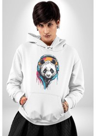 Resim Kulaklık Ayı Panda Kadın Erkek Beyaz Kapüşonlu Sweatshirt Hoodie Beyaz 
