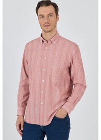 Resim Uzun Kol Çizgili Desen Armürlü Düğmeli Yaka Cepli Pamuklu Classic Comfort Fit Gömlek 1004250157 Pembe 