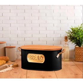 Resim Mcreative Galvaniz Kesme Tahtalı Ekmeklik, Ahşap Kapaklı Lüx Metal Ekmek Kutusu Siyah 
