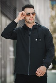 Resim Mmx Baskılı Suya Dayanaklı Slim Fit Erkek Kapüşonlu Mevsimlik Mont Yağmurluk - GRI / S 