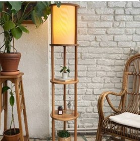 Resim Lona Raflı Lambader, 3 Katlı Ahşap Zemin Aydınlatması, Keten Abaj 