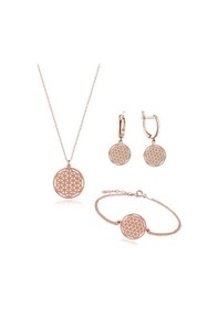 Resim Brezza Lusso Jewelry Rose Gold Gümüş Yaşam Çiçeği Kadın Kolye Küpe Bileklik Seti 
