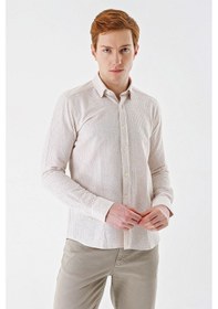 Resim İmza Bej Uzun Kollu Çizgili Biritli Yaka Pamuklu Likralı Casual Slim Fit Dar Kesim Gömlek 1004240233-bej Bej 