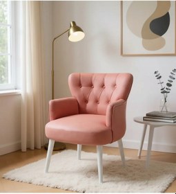 Resim Waterybrook Tekli Berjer Koltuk - Kapitoneli Babyface Kumaş - Beyaz Ahşap Ayaklı - Retro Modern Tasarım Gül Kurusu 