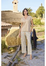 Resim Monamise Kadın Çiçek Deseni V Yaka Pijama Takımı 24081-kahve Kahve 
