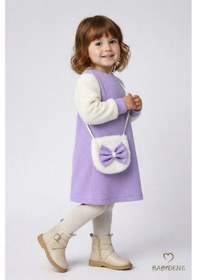Resim Babyden's Bayramlık Şık Ve Rahat Kız Bebek Elbise Çantalı Yumuşak Peluş Kollu Kışlık Çocuk Kombini Lila 