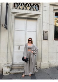 Resim Bonacosa Kadın Viskon 3 Lü Takım Kimono + Beli Lastikli Salaş Pantolon + Crop 8 Renk Vizon 