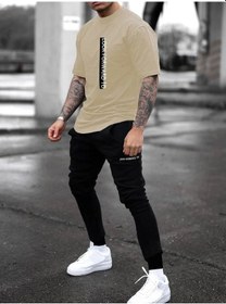 Resim Look Forward Bej T-shirt Siyah Eşofman Alt Jogger Baskı Alt Üst Eşofman Takım Oversize Bisiklet Yak Bej Siyah 