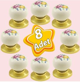 Resim 8 Adet Kardelen Gerçek Porselen Düğme Gold Altın Çekmece Dolap Kapak Kulpu Kulbu Porselen Kulp 