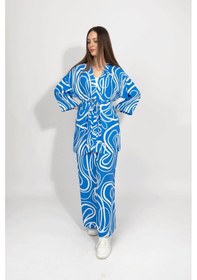 Resim Dokuma Viskon Rahat Kesim Kimono Altı Uzun Takım Mavi 
