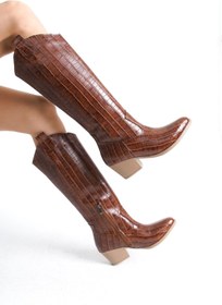 Resim Bak Store Taba Kroko Fermuarlı Western Kovboy Kadın Uzun Dizaltı Çizme 