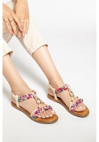 Resim Kadın Düz Topuklu Sandalet Bej Örgü Bantlı Çiçek Tokalı-4041 Bej 