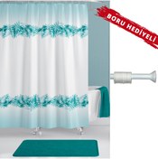 Resim MR DEER Borulu Banyo Perdesi - Turkuaz Renk Çiçekli Banyo Perdesi 180x200 Cm - Askı Hediyeli Banyo Perdesi 