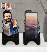 Resim Bk Gift Kişiye Özel Baba Oğul Karikatürlü Ahşap Biblo Telefon Standı-1 