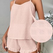 Resim Kadınların İlkbahar/Yaz Karosu Jakarlı Nefes Alabilen Düz Renk Pijama Takımı, V-Yaka Üstü ve Ruffle Kısa Pantolon, Rahat Kısa Kollu Uyku Giyisi ve Rahat Giyim Yetişkinler için. 