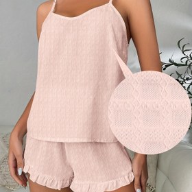 Resim Kadınların İlkbahar/Yaz Karosu Jakarlı Nefes Alabilen Düz Renk Pijama Takımı, V-Yaka Üstü ve Ruffle Kısa Pantolon, Rahat Kısa Kollu Uyku Giyisi ve Rahat Giyim Yetişkinler için. 