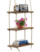 Resim Ulu Kayın %100 Doğal Çam Ağacından Masif Ahşap Halatlı 3'lü Gözlü Duvar Dekorasyon Rafı 50x100 Cm 