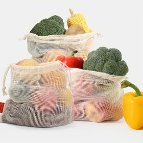 Resim Meyveler, Mutfak Depolama ve Süpermarket Alışverişi için Yeniden Kullanılabilir Çizgili File Çantalar. 