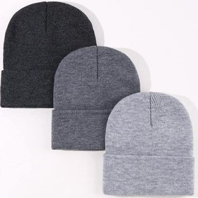 Resim Eke Tekstil Unisex Katlamalı 3'lü Bere Seti Antrasit - Açık Gri - Gri 