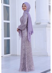 Resim Raika Moda Parıltılı Kol Detaylı Şimal Tesettür Büyük Abiye Lavanta 