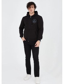 Resim Barlashive Erkek 3 İplik Pamuklu Fermuarlı Kapüşonlu Kanguru Cepli Baskılı Hoodie Hırka Sweatshirt - Siyah Çok Renkli 