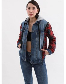 Resim Kadın Fermuar Detaylı Kapüşonlu Jean Ceket mavi 