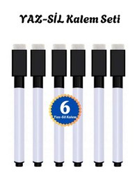 Resim Yaz Sil Kalemi Seti - Yazı Tahtası Kalemi 6 Adet Siyah 