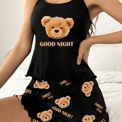 Resim Kadın Pijama Takımı, Çizgi Film Ayı Baskılı, "İyi Geceler" Yazılı, Rahat Stil, Polyester Örgü Kumaş, Yetişkin Pijama, Dört Mevsim, Detaylı Değil, İnce Askılı, Bayan Gecelik 