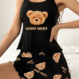 Resim Kadın Pijama Takımı, Çizgi Film Ayı Baskılı, "İyi Geceler" Yazılı, Rahat Stil, Polyester Örgü Kumaş, Yetişkin Pijama, Dört Mevsim, Detaylı Değil, İnce Askılı, Bayan Gecelik 