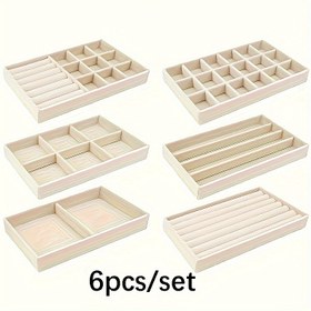 Resim Black Five 6 adet/takım bej yığınlanabilir mücevher saklama rafı, mücevher tepsisi, kadife malzeme, mücevher çekmece depolama, yüzükler, bilezikler, rozetler, kolyeler için uygun, Mücevher Tepsileri 