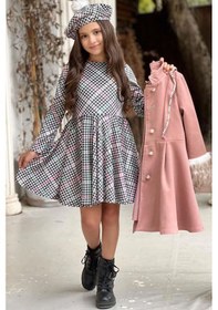 Resim Riccotarz Kız Çocuk Kazayağı Desen Elbise Kolları Peluş Ve Omuzları İnci İşleme Kemerli Pembe Kaşe Kaban Pembe 